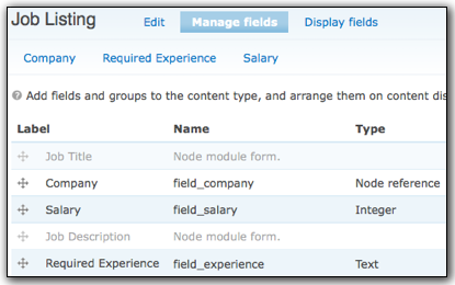 fields for the job listing type