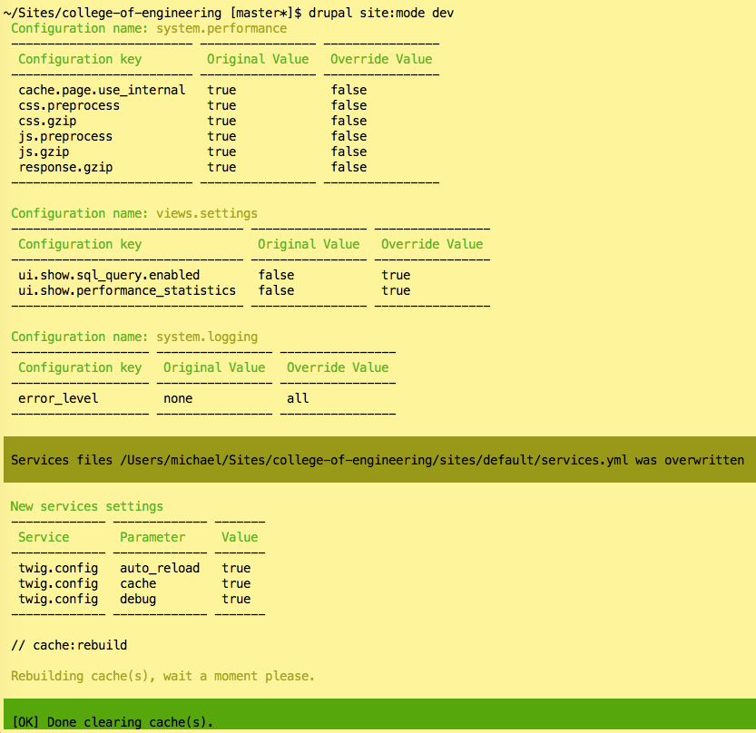 Drupal Console development mode output