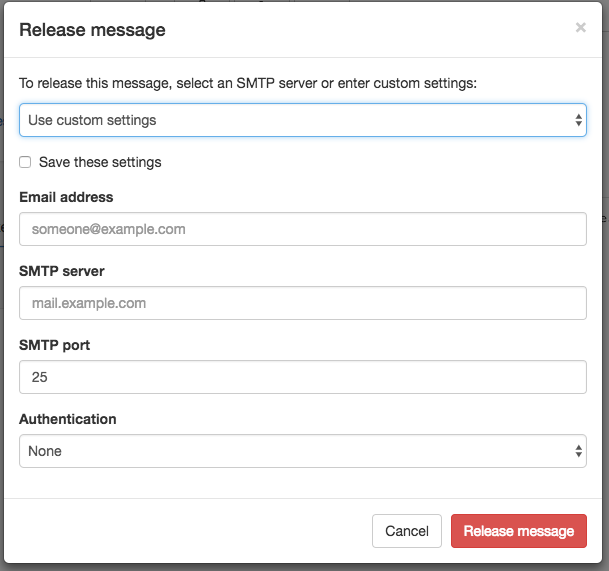Mailhog STMP release settings