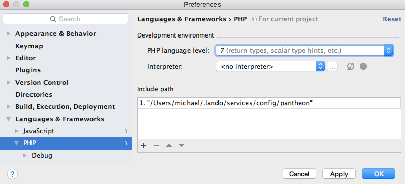 PhpStorm PHP preferences