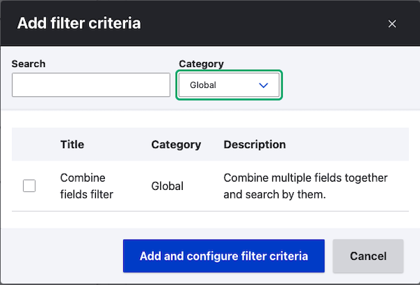 Adding the Combine fields filter screenshot in Views.