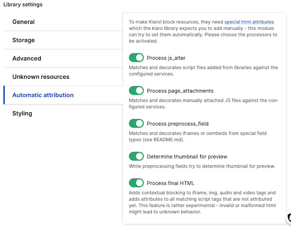 Klaro library settings screenshot.