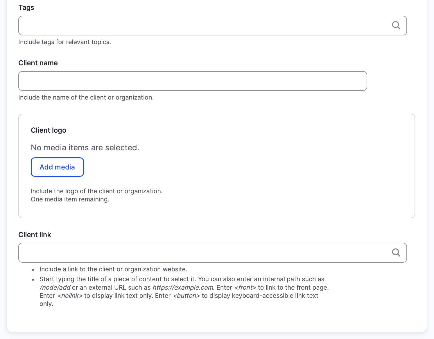 Subset of fields from a Case Study content type's Add case study page.