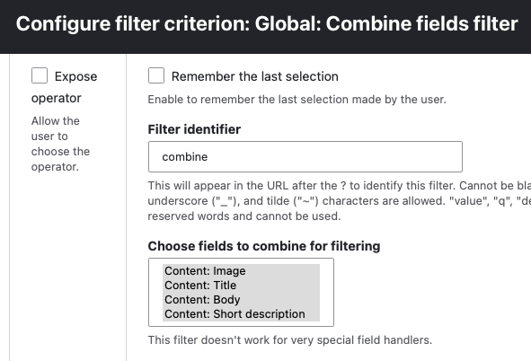 Configuring the Combine field filter in Views.