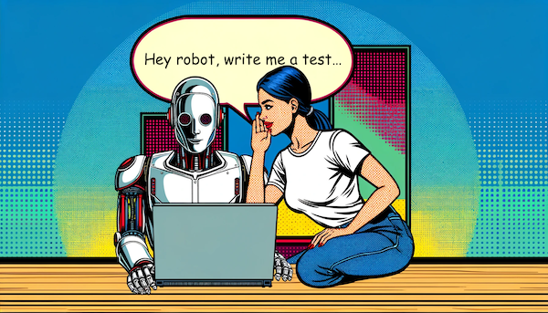 A developer whispering to a robot that is sitting in front of a laptop. The developer is saying, "Hey robot, write me a test..."