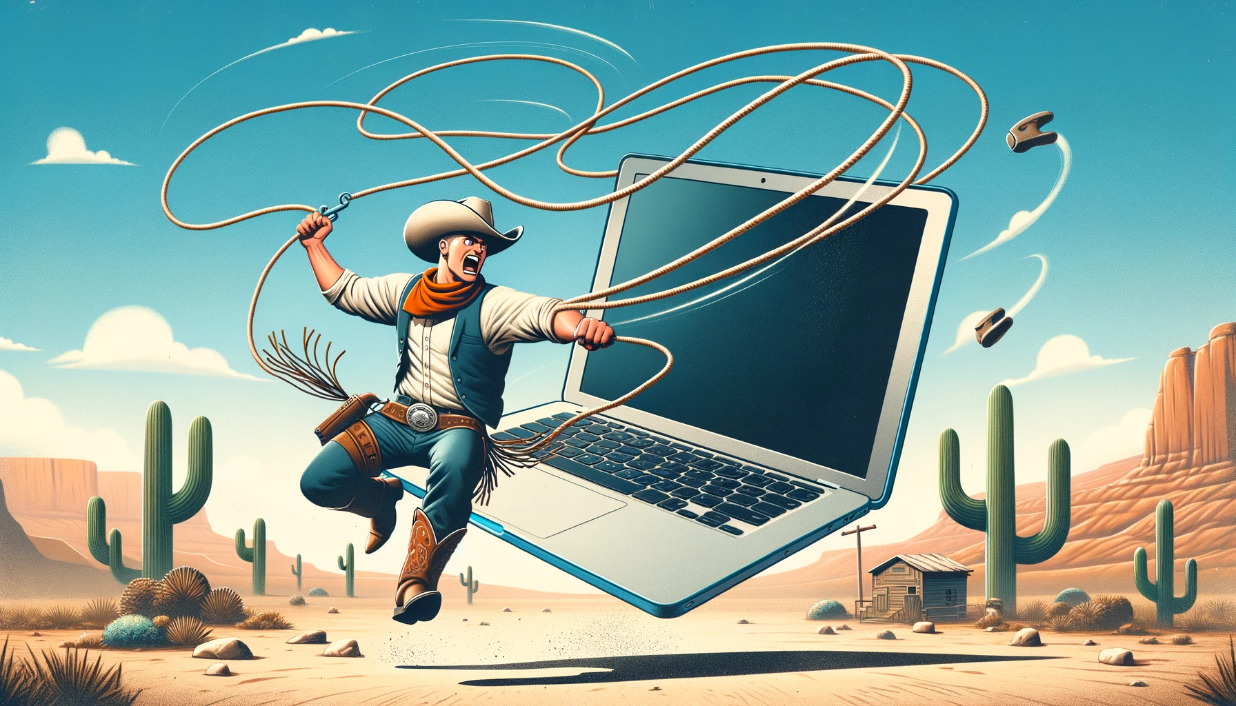 A cartoon of a cowboy lassoing a laptop computer.