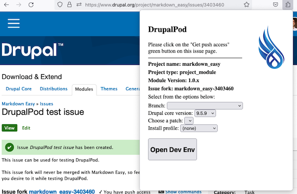 Screenshot of DrupalPod browser extension