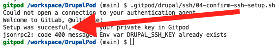 DrupalPod ssh setup complete screenshot.