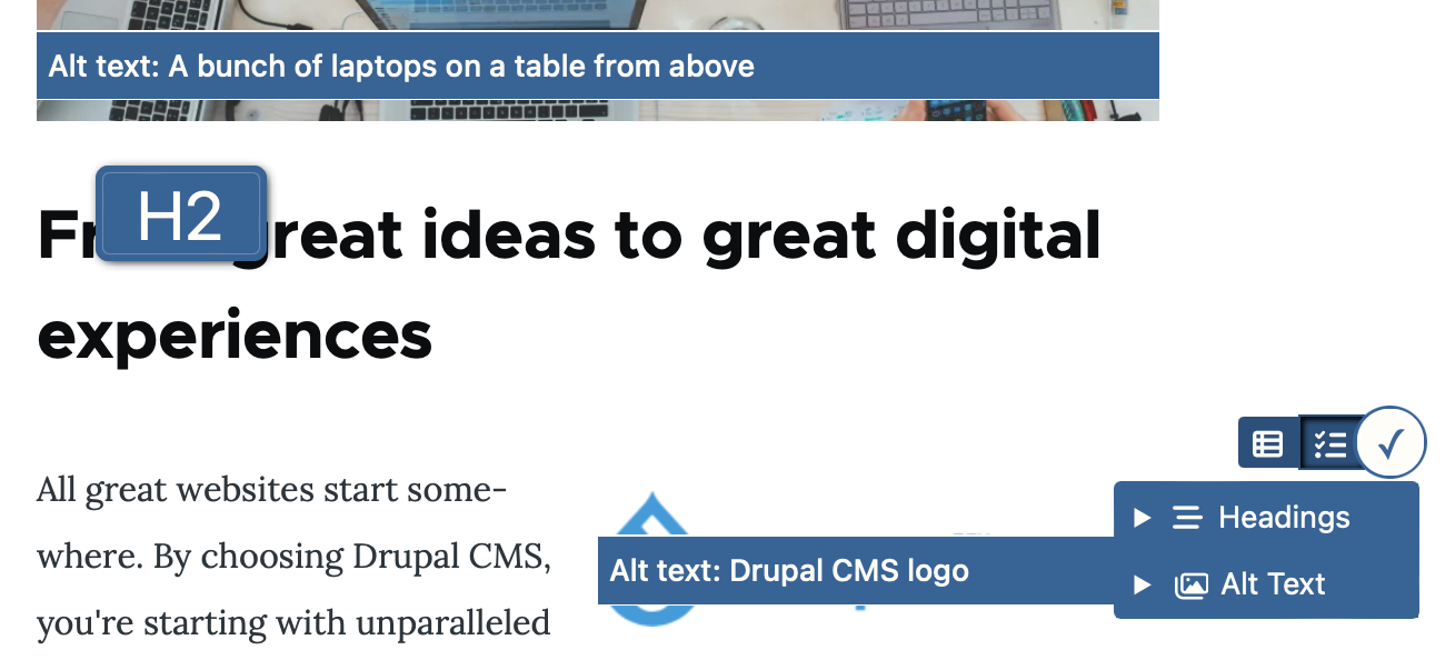 Editoria11y in action on sample Drupal CMS content.