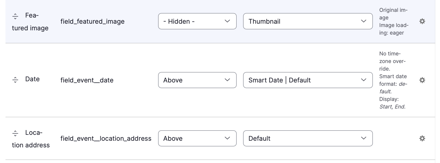 Subset of fields from Event content type's Manage form display page.