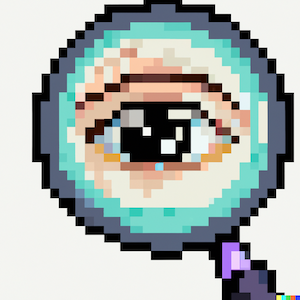 Pixel art of a closeup of an eye looking through a magnifying glass