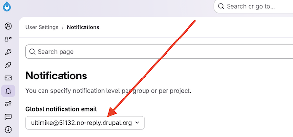 Screenshot of Gitlab interface showing where to update email notification setting.