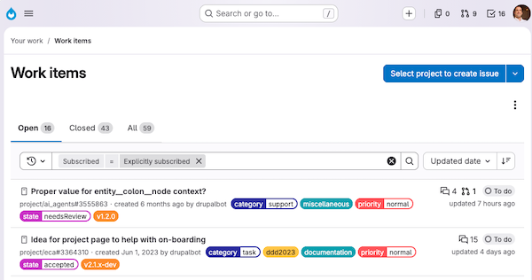 Screenshot of Gitlab interface showing filtered work items.