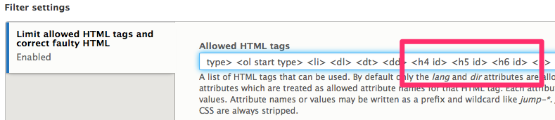 Configuring the "Basic HTML" text format to only allow h4, h5, and h6 elements.