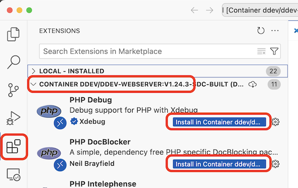 Screenshot of VSCode interface showing the buttons to install extensions in the container.