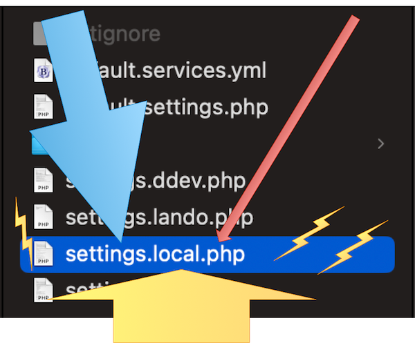 Spotlight on the settings.local.php file in a list of files.