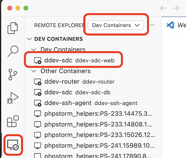 Screenshot showing Remote Explorer and Dev Containers extensions in use.
