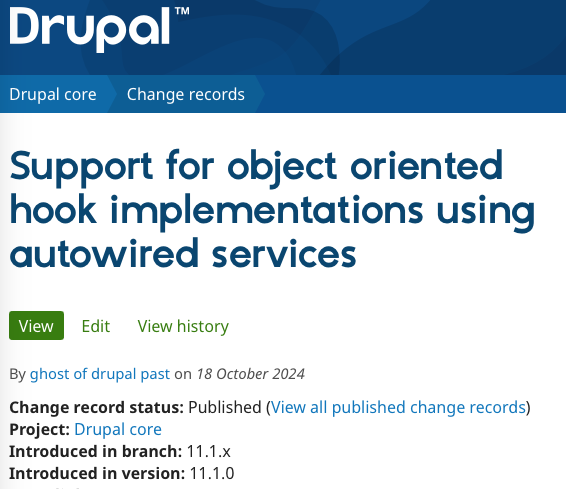 Screenshot of change record that introduces OO hooks to Drupal core 11.1
