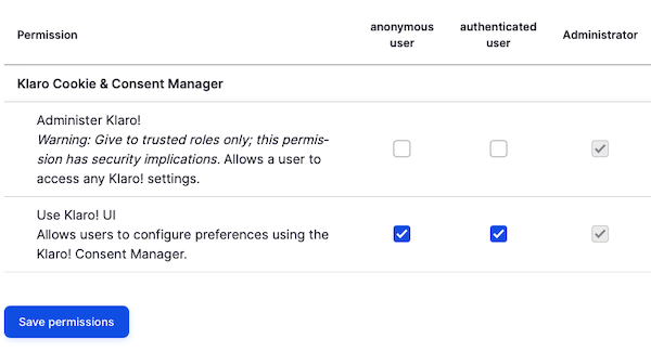 Klaro permissions screenshot.