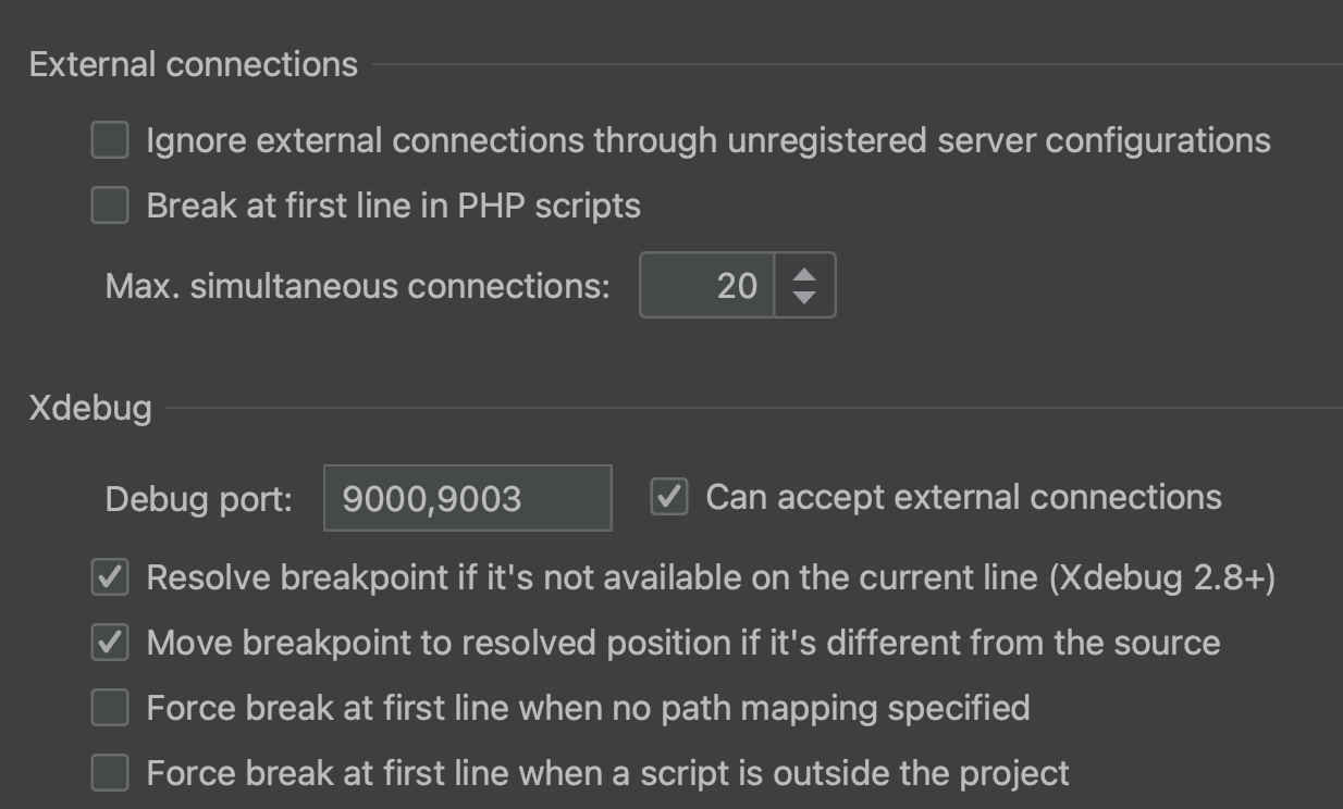 PhpStorm Xdebug settings page