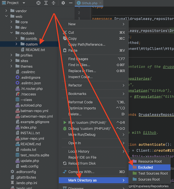 PhpStorm screenshot to mark directories as excluded.