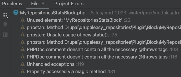 Screenshot of PhpStorm's Problems tab.