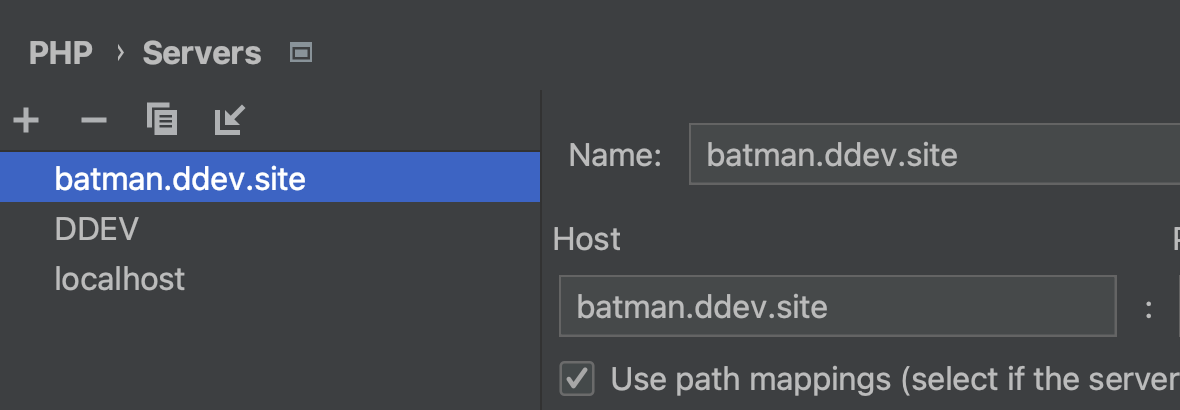 PhpStorm "Servers" settings form.