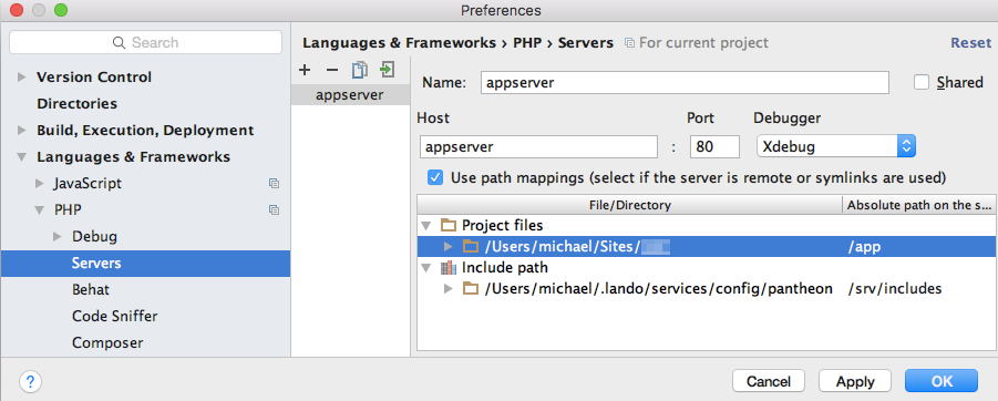 PhpStorm PHP Servers preferences