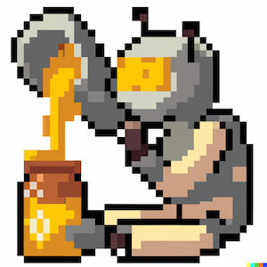 pixel art of a robot drinking from a honey pot
