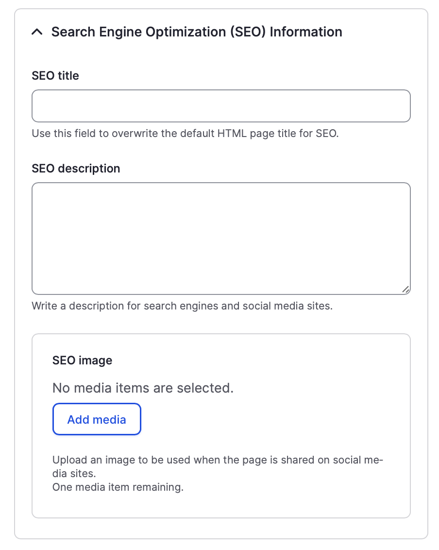 SEO-related fields added to content types by the SEO Tools recipe.