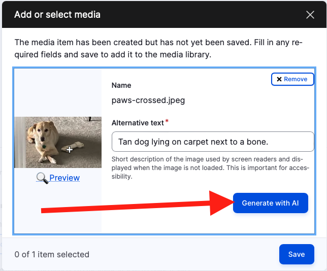 Image upload field showing AI generated alt text.