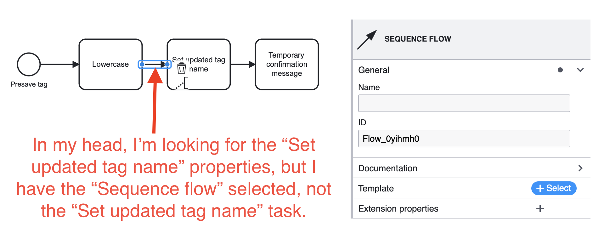 Screenshot of mistakenly selected "sequence flow".