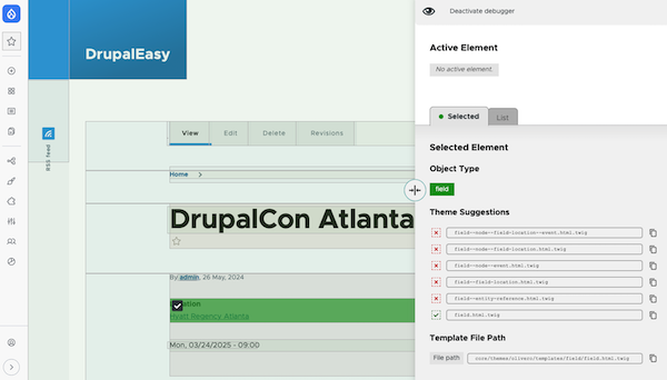 Screenshot of the Visual Debugger module showing theme suggestions and the currently used template file.