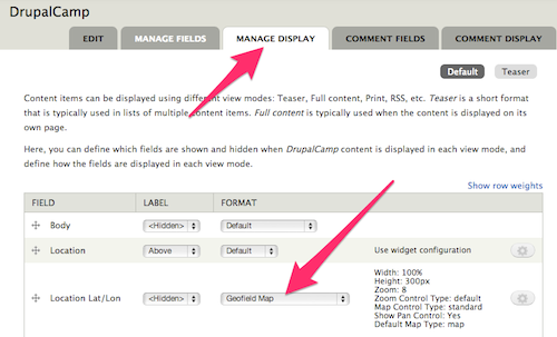 DrupalCamp content type Manage Display settings